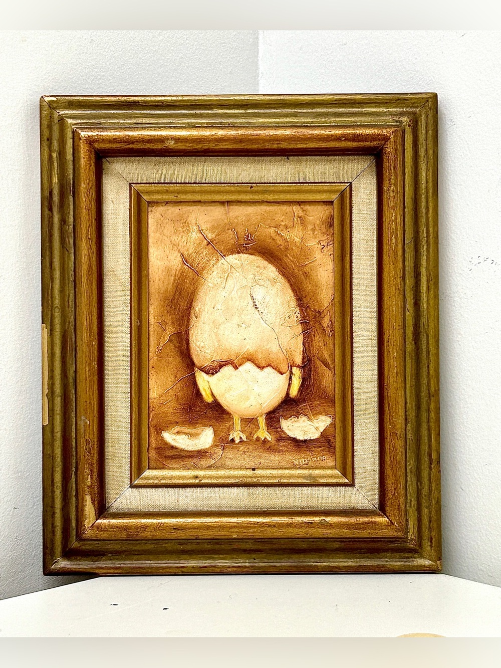 Vintage Wooden Framed Oil on Canvas Freshly Hatched Chick Painting